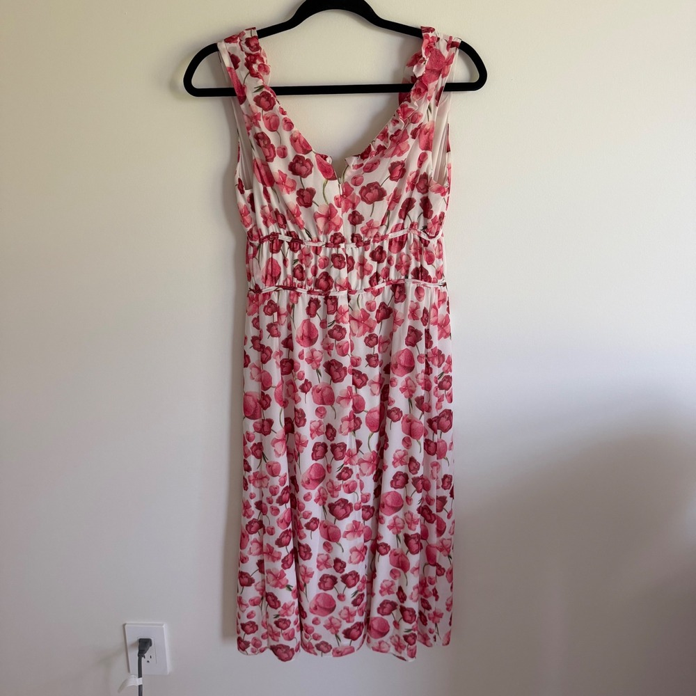 Sipos New York Pink Floral Chiffon Midi Dress Ruffle V-Neck Sleeveless Womens M